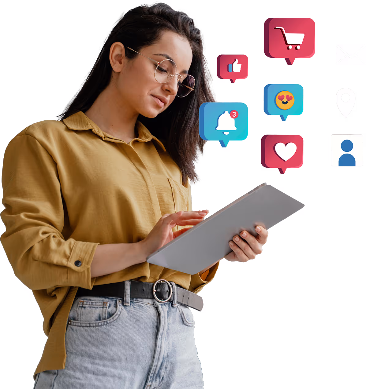 Mujer con tablet e iconos sociales